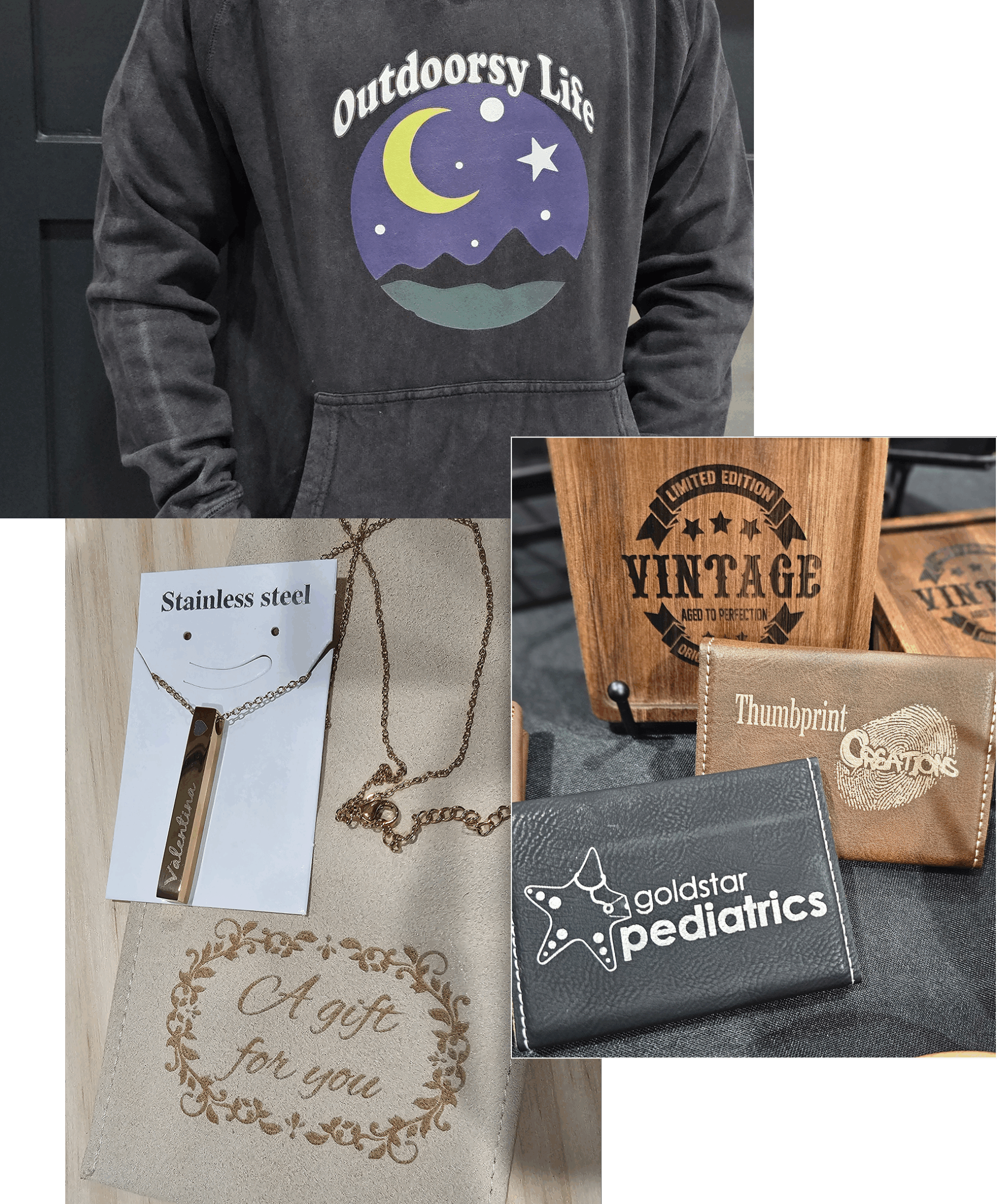 Collection of personalized items including clothing and accessories with custom text and logos.