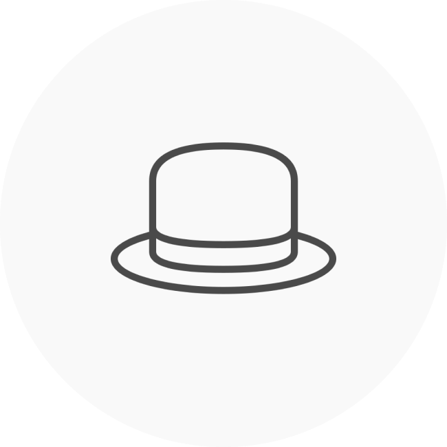 Minimalist icon of a bowler hat in a circle.