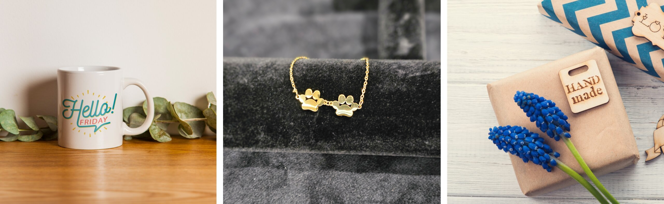 Delicate gold necklace with two flower pendants on black velvet.