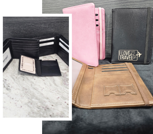 Various wallets displayed, including black, brown, and pink designs.